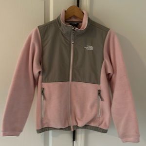 Gently worn The North Face Big kids Denali Jacket. Pink and gray. Cuffs stained.